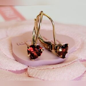 14K Yellow Gold Garnet Heart Leverback Dangle Earrings